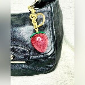 Strawberry Bag Charm - Pink Glitter & Gold charm w/ Dog Leash Clip & Keychain 5”